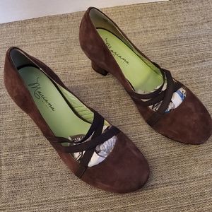 Mariana by Golc Brown Suede Pumps with Criss-Cross Straps